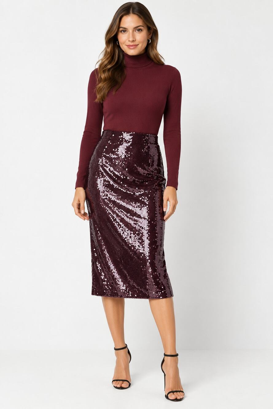 White House Black Market Sequin Midi Skirt Wine Womens Size 2 Pencil NWT